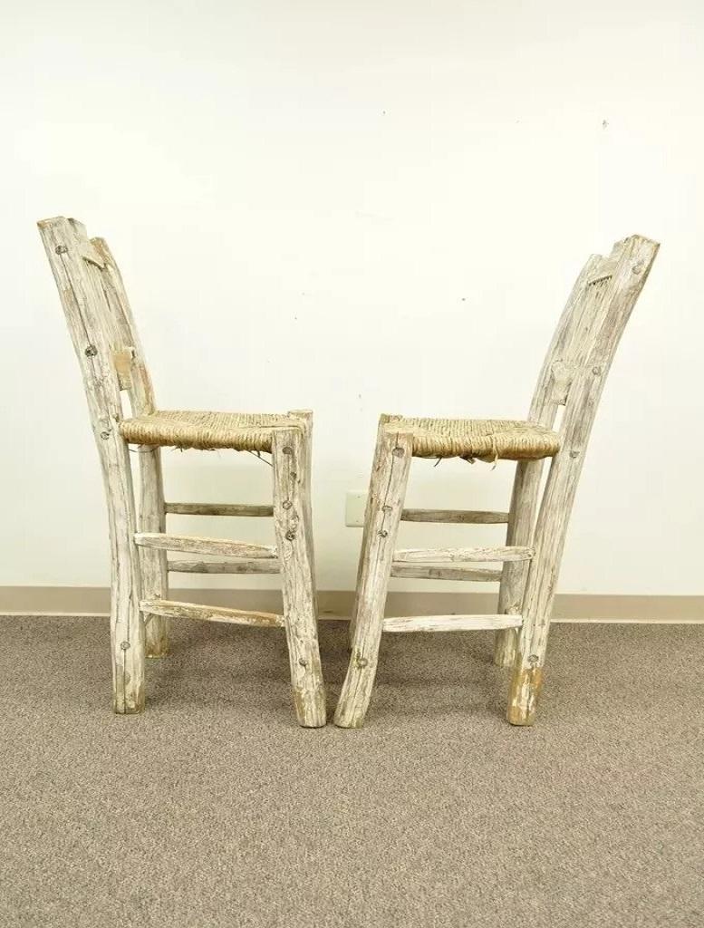 Rope Hickory Style Rustic Log Cabin Wood Woven Rush Seat Bar Stools Chairs - a Pair For Sale