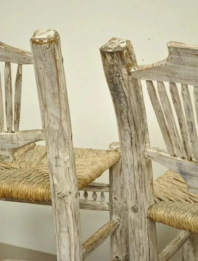 Hickory Style Rustic Log Cabin Wood Woven Rush Seat Bar Stools Chairs - a Pair For Sale 1
