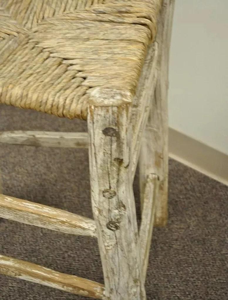 Hickory Style Rustic Log Cabin Wood Woven Rush Seat Bar Stools Chairs - a Pair For Sale 3