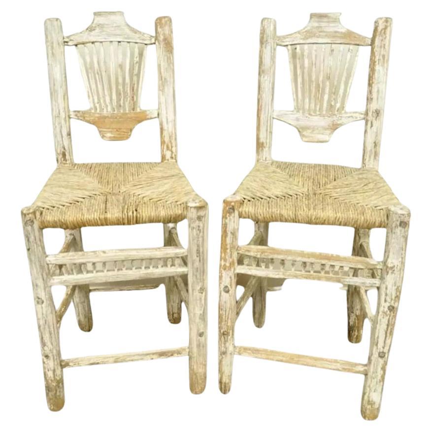 Hickory Style Rustic Log Cabin Wood Woven Rush Seat Bar Stools Chairs - a Pair