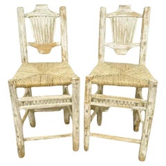 Hickory Style Rustic Log Cabin Wood Woven Rush Seat Bar Stools Chairs - a Pair