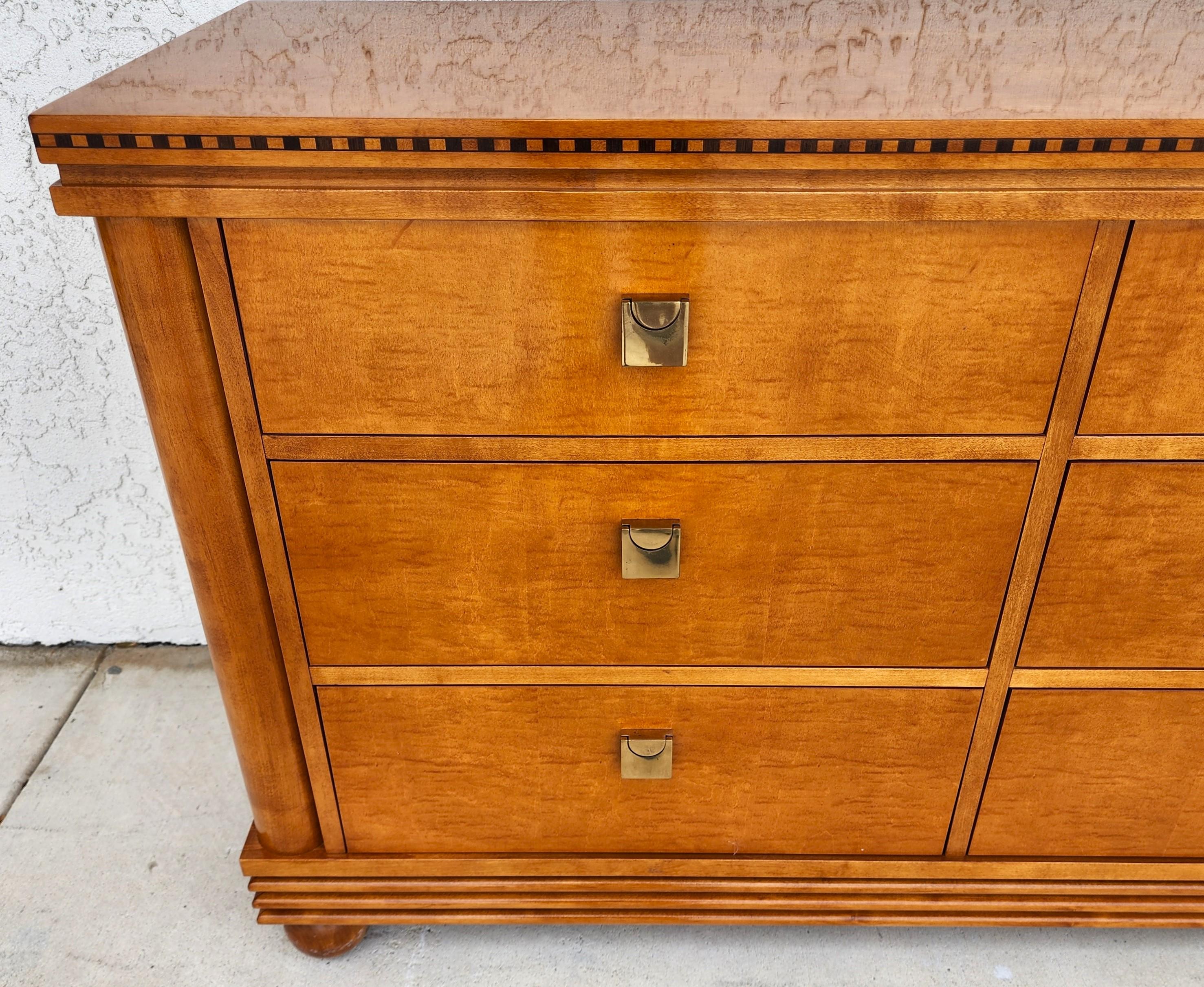 Offering One Of Our Recent Palm Beach Estate Fine Furniture Acquisitions Of A
High-Quality American Made Hickory White 'Genesis' Collection Biedermeier Style Satinwood Triple Dresser with Inlaid Wood Design Trim, Brass Pulls and Dovetail Drawers

We