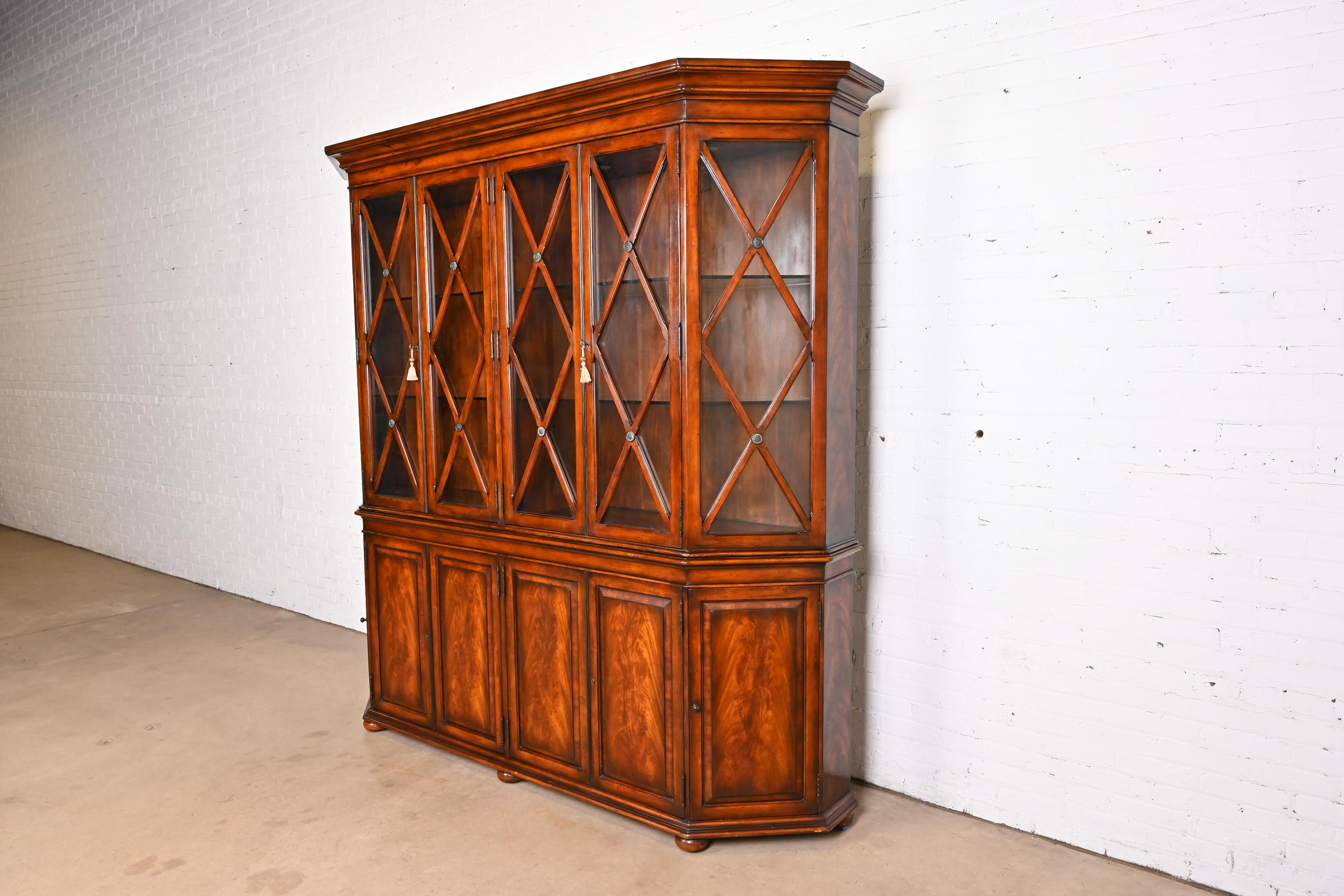 American Hickory White Georgian Carved Flame Mahogany Large Breakfront Bookcase Cabinet