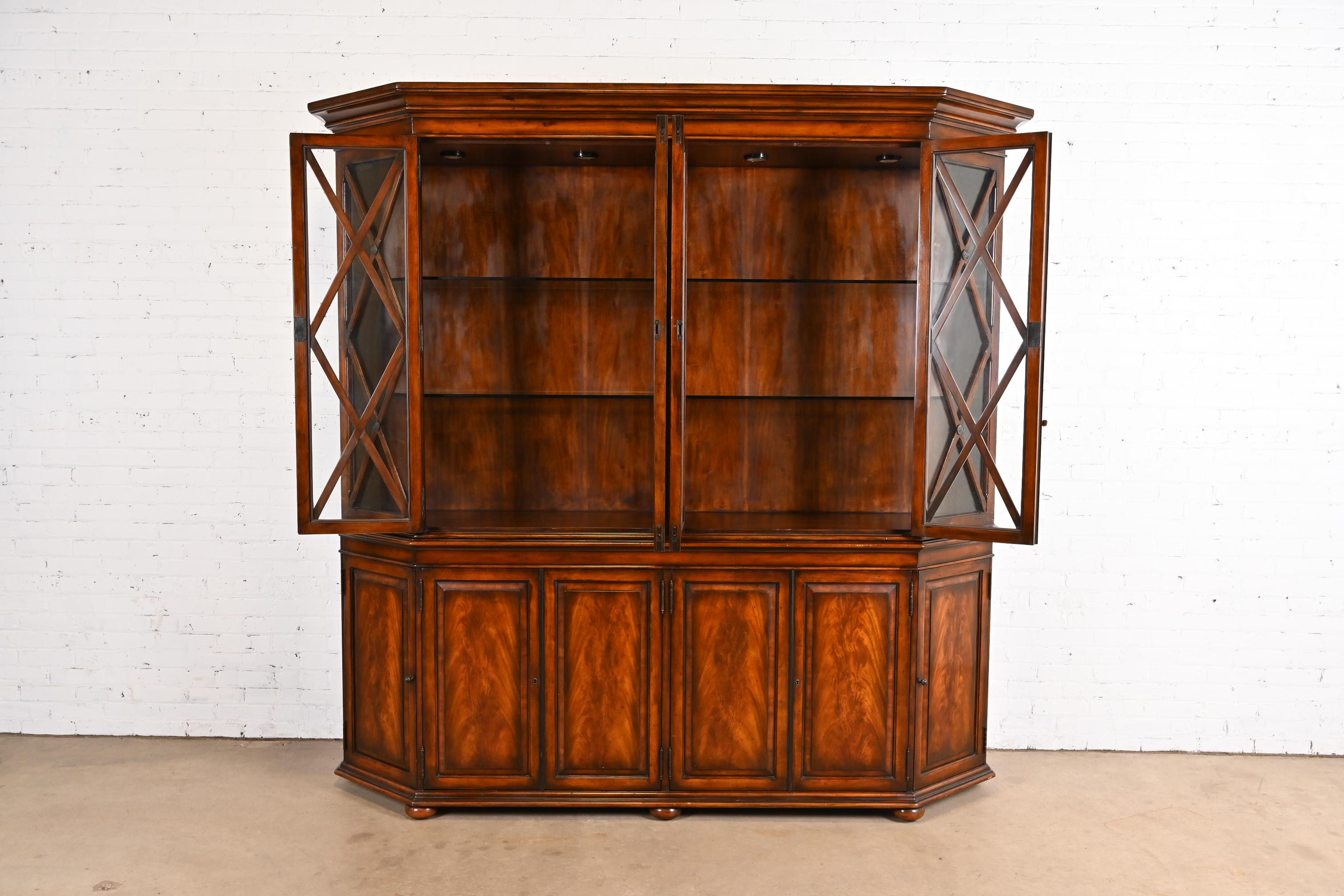 20th Century Hickory White Georgian Carved Flame Mahogany Large Breakfront Bookcase Cabinet