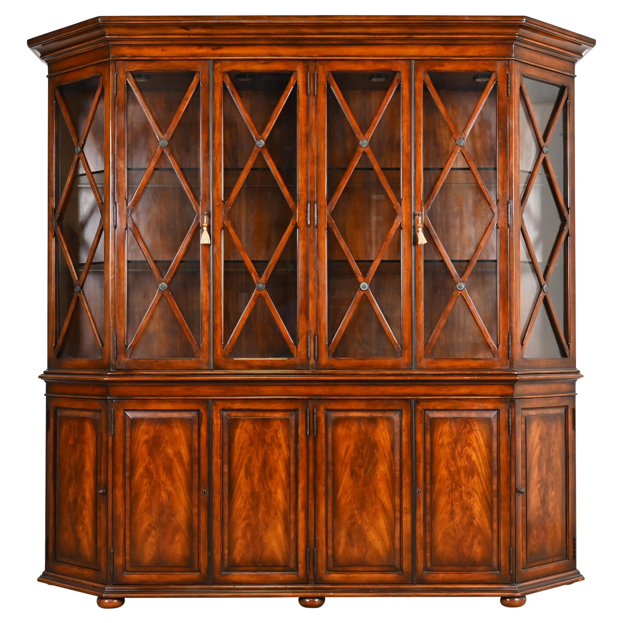 Hickory White Georgian Carved Flame Mahogany Large Breakfront Bookcase Cabinet