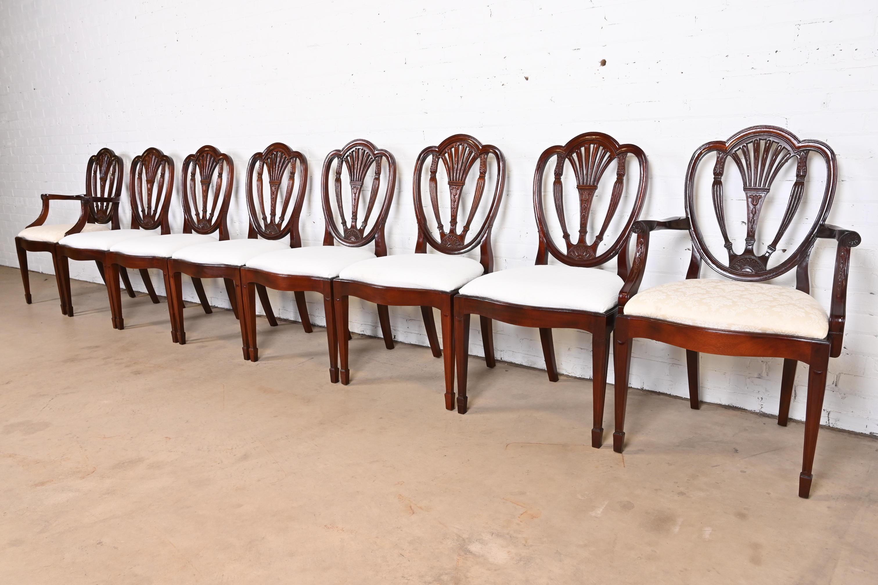 A gorgeous set of eight Georgian or Regency style shield back dining chairs.

In the manner of Baker Furniture 