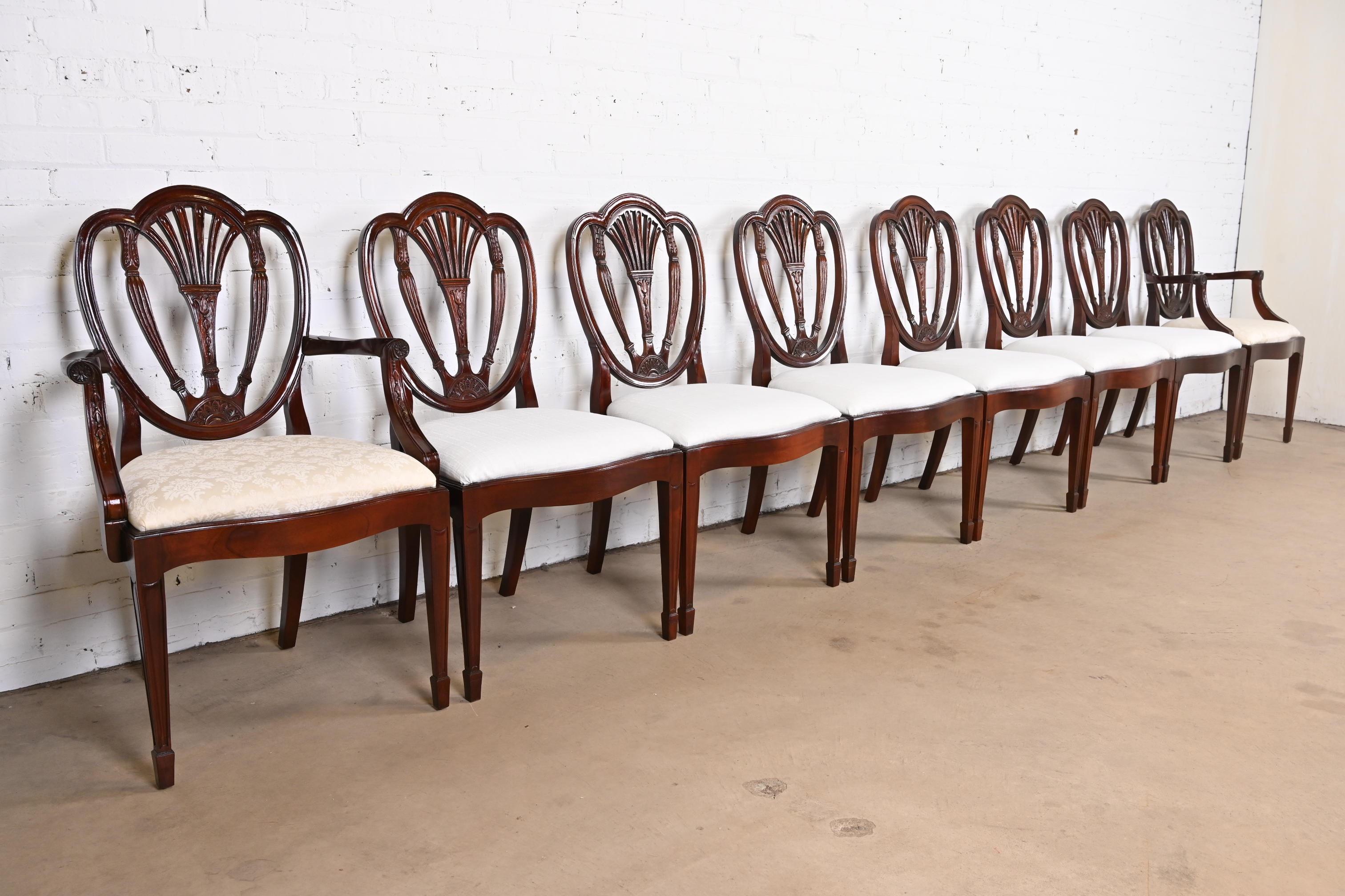 American Hickory White Georgian Carved Mahogany Shield Back Dining Chairs, Set of Eight