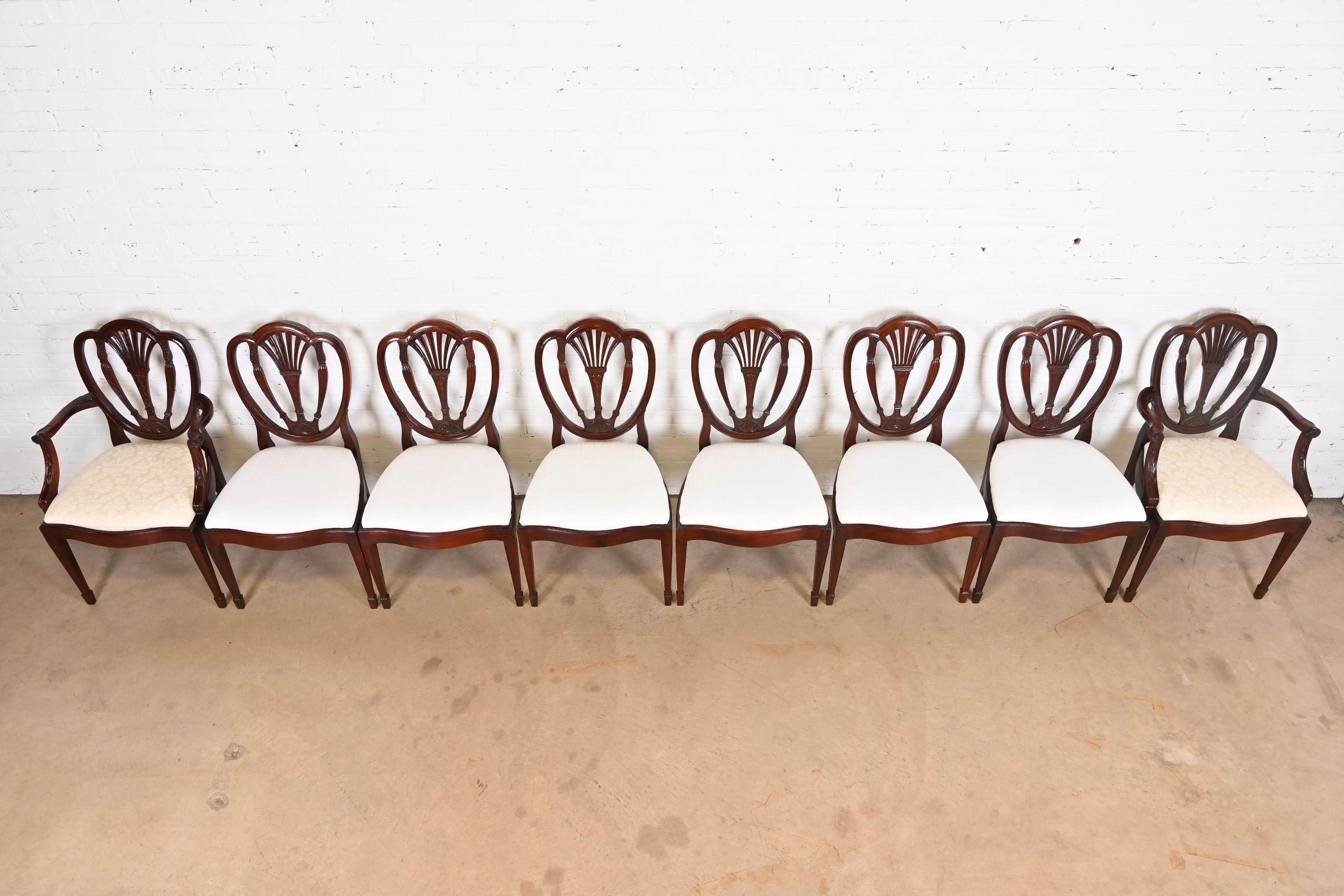 20th Century Hickory White Georgian Carved Mahogany Shield Back Dining Chairs, Set of Eight