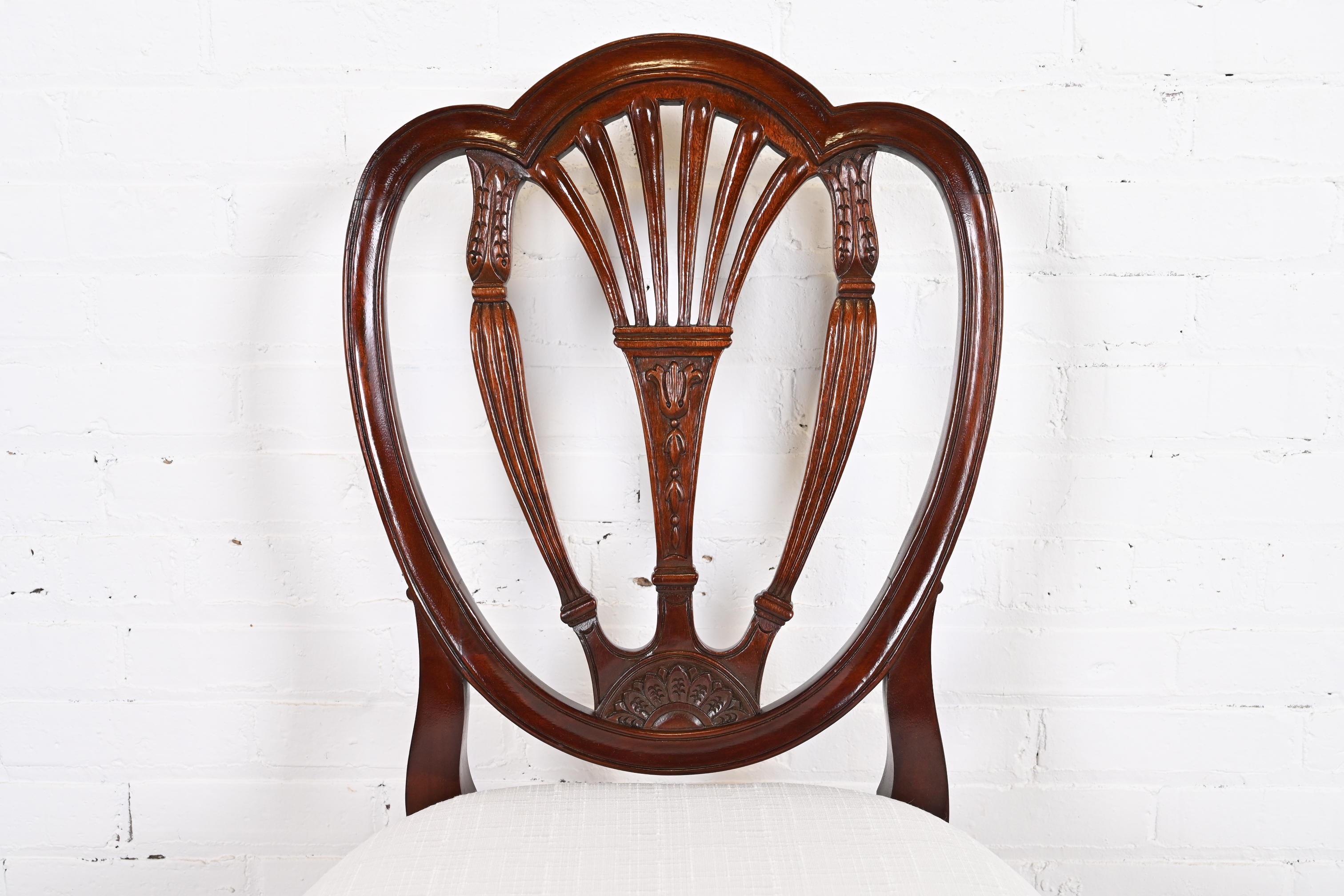 Upholstery Hickory White Georgian Carved Mahogany Shield Back Dining Chairs, Set of Eight