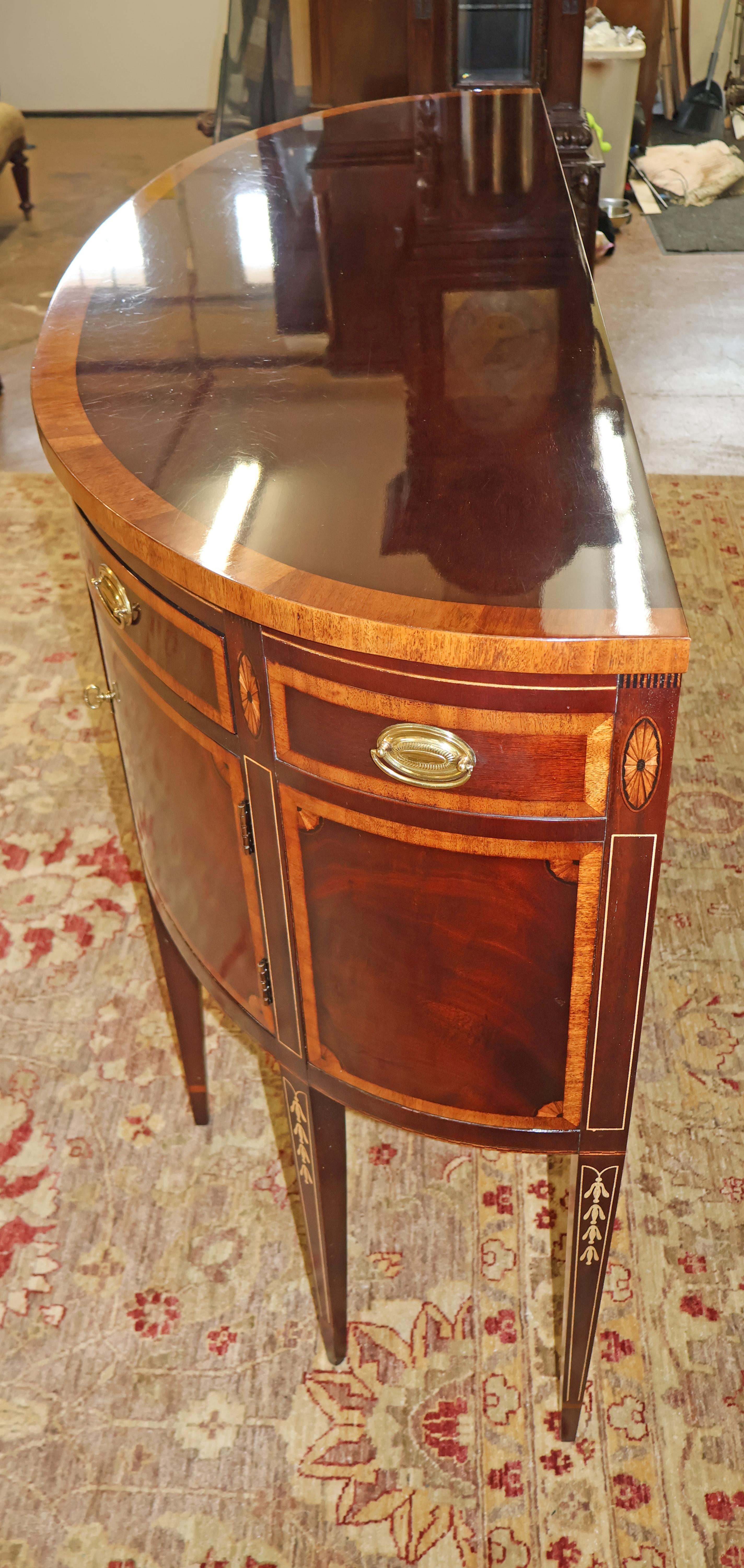 Hickory White Mahogany Inlaid Demilune Buffet Server Sideboard In Good Condition In Long Branch, NJ