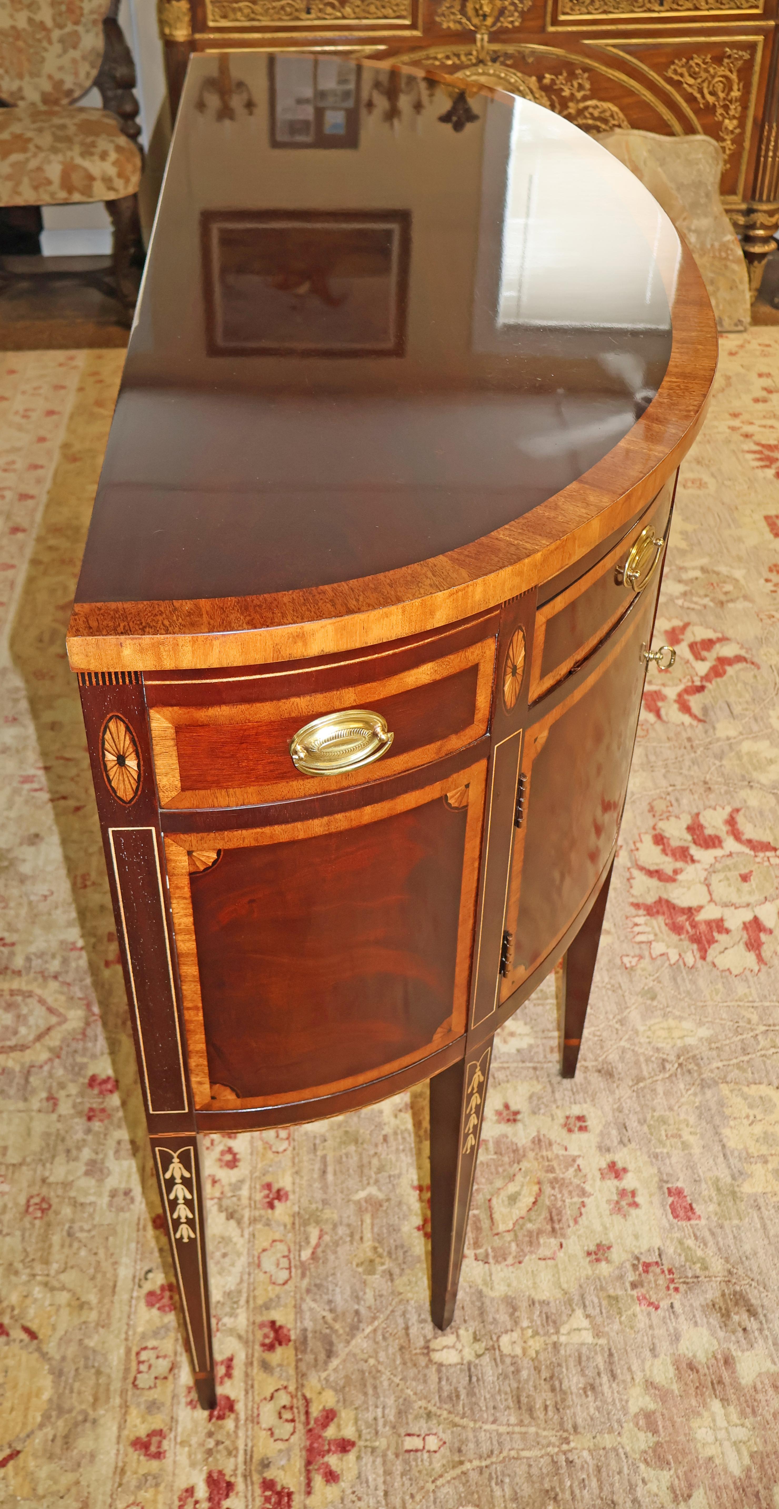 Late 20th Century Hickory White Mahogany Inlaid Demilune Buffet Server Sideboard