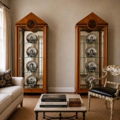 Hickory White Neo-Classical Biedermeier Style Walnut Vitrines Cabinets - Pair
