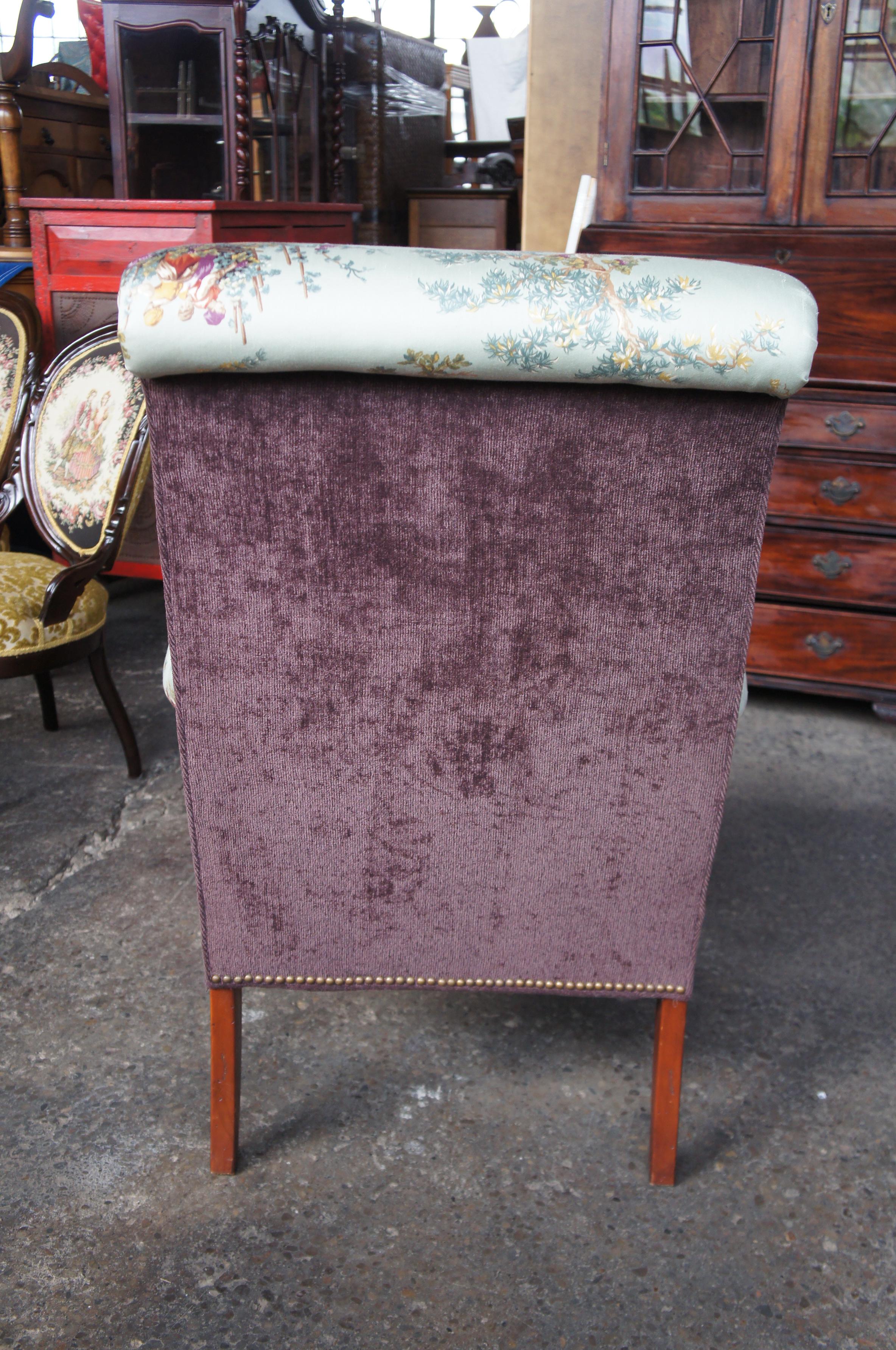 Hickory White Overstuffed Chair Rolled Arms Toile Fabric Corduroy Club Lounge 1