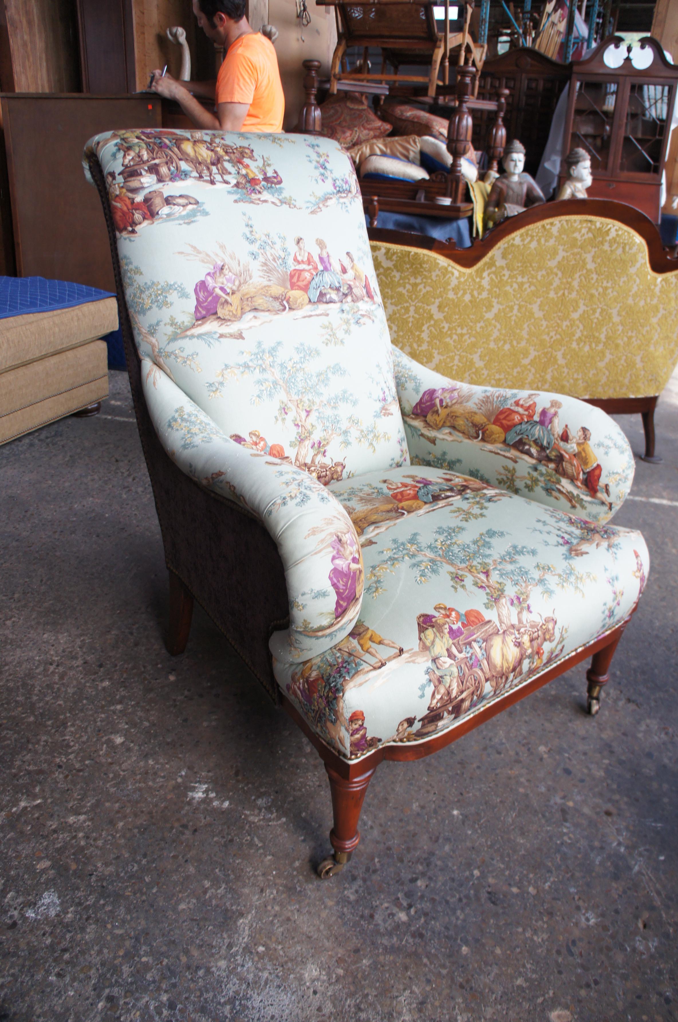 Hickory White Overstuffed Chair Rolled Arms Toile Fabric Corduroy Club Lounge 3