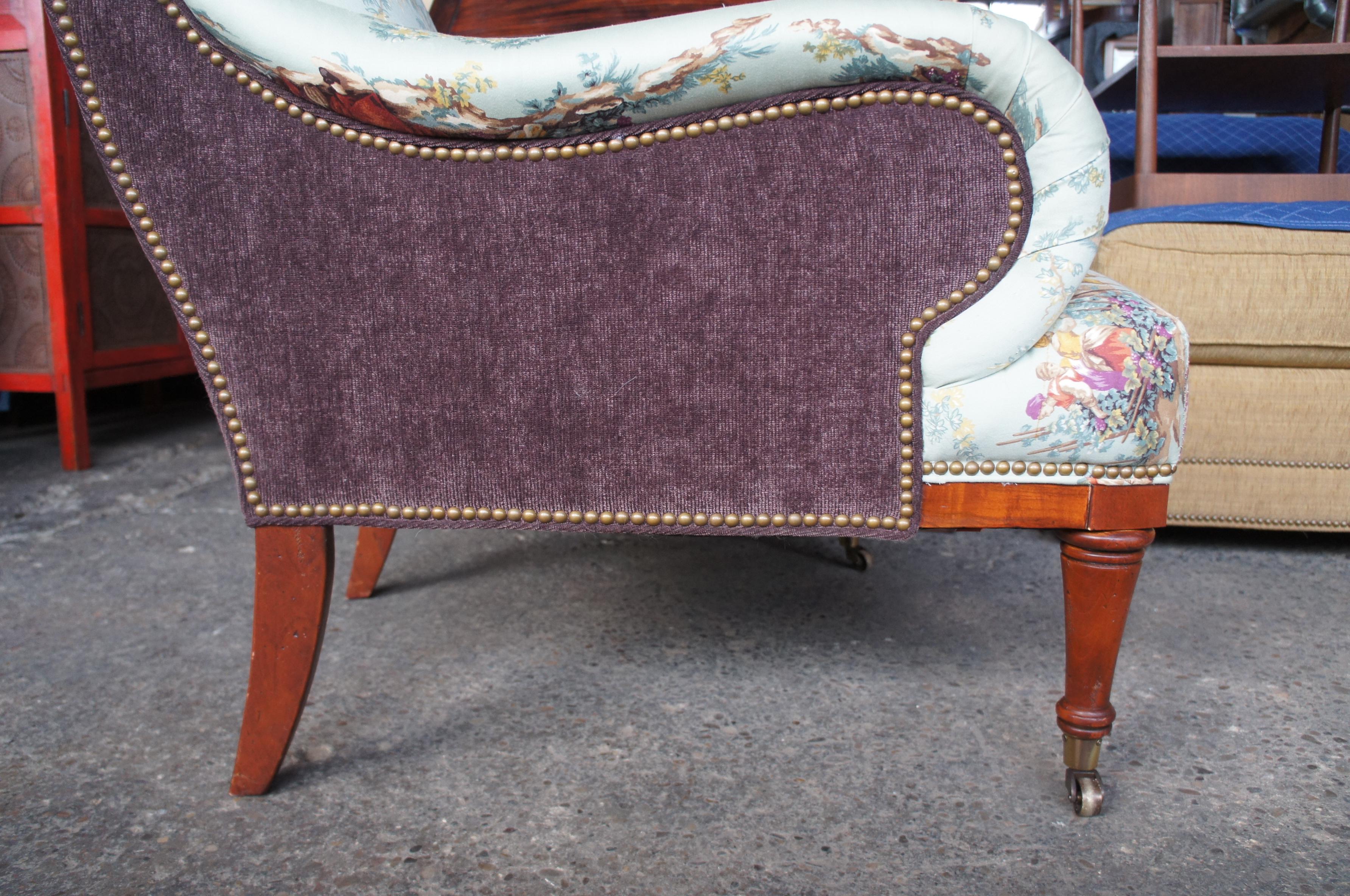 French Provincial Hickory White Overstuffed Chair Rolled Arms Toile Fabric Corduroy Club Lounge