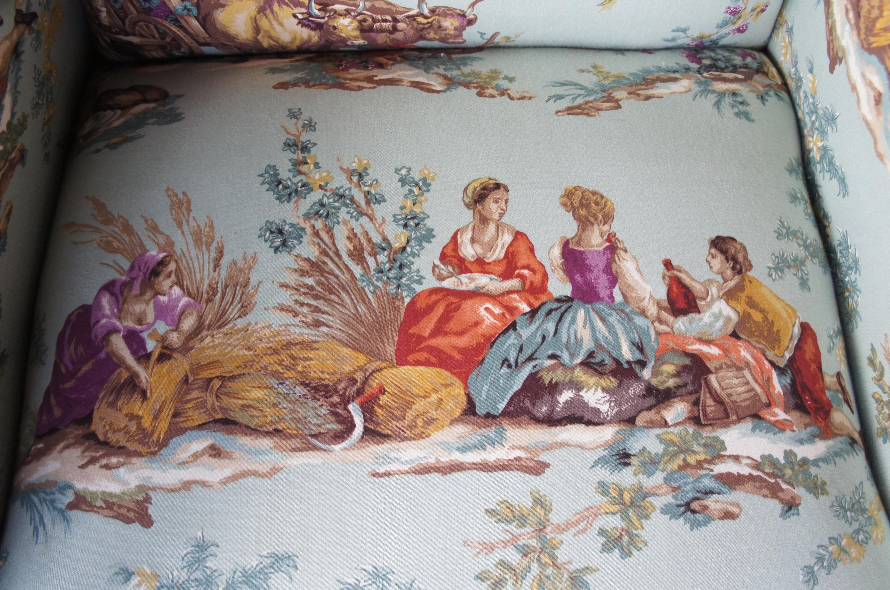 20th Century Hickory White Overstuffed Chair Rolled Arms Toile Fabric Corduroy Club Lounge