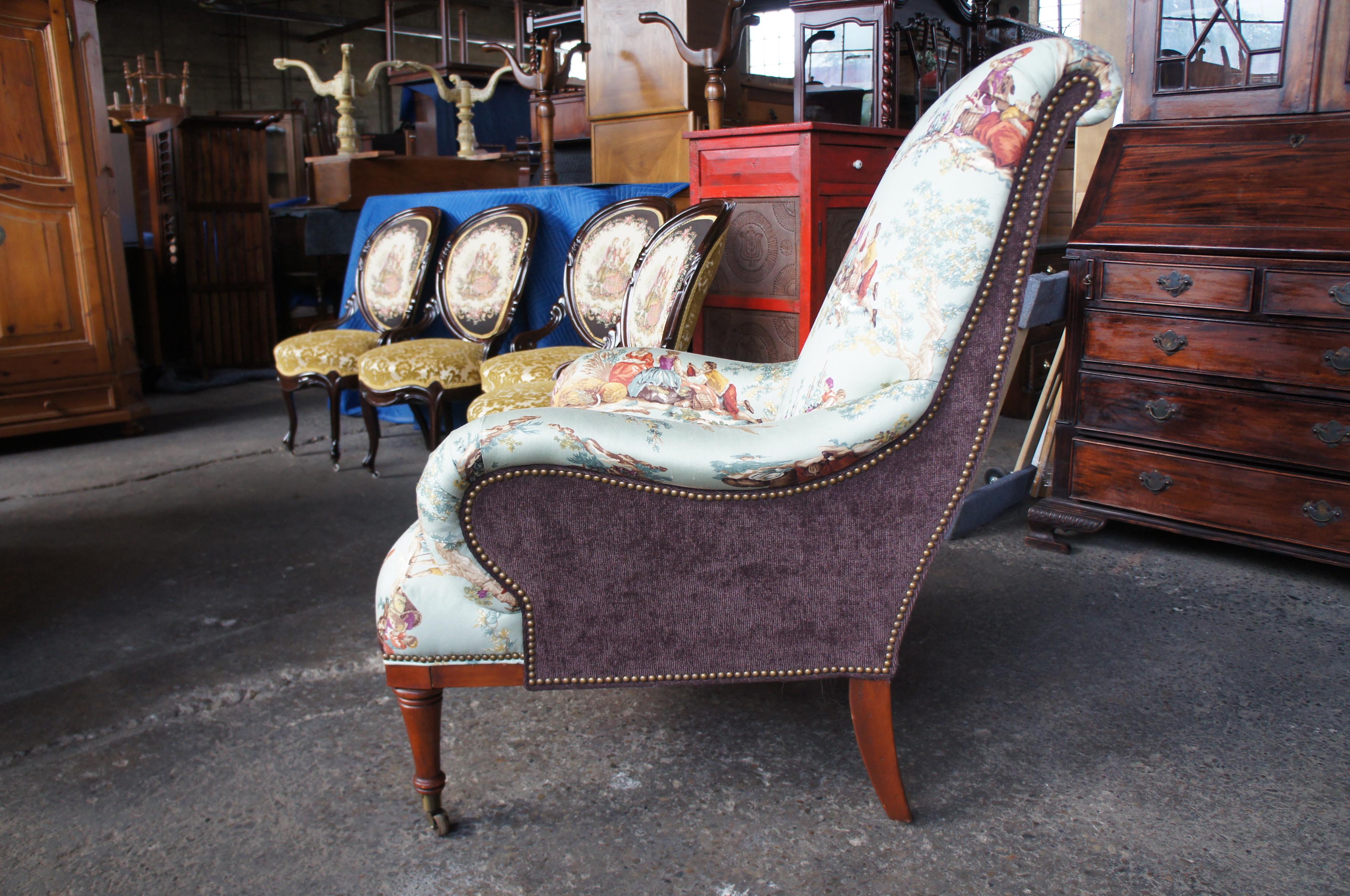 Upholstery Hickory White Overstuffed Chair Rolled Arms Toile Fabric Corduroy Club Lounge