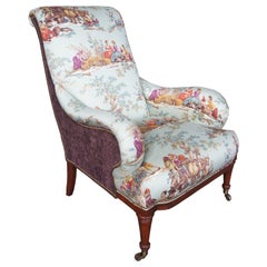 Retro Hickory White Overstuffed Chair Rolled Arms Toile Fabric Corduroy Club Lounge