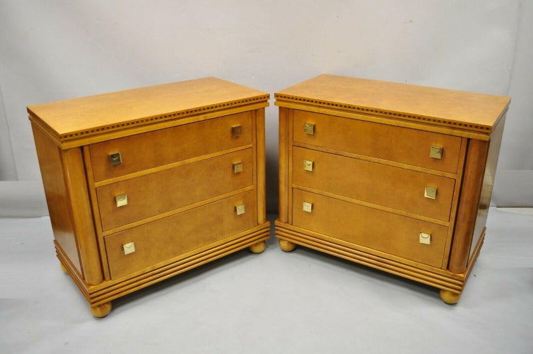 Hickory white satinwood maple regency style 3 drawer nightstand chest - a pair. Item features custom glass tops, inlaid edge, bun feet, beautiful wood grain, 3 dovetailed drawers, quality American craftsmanship, great style and form. Circa Late 20th