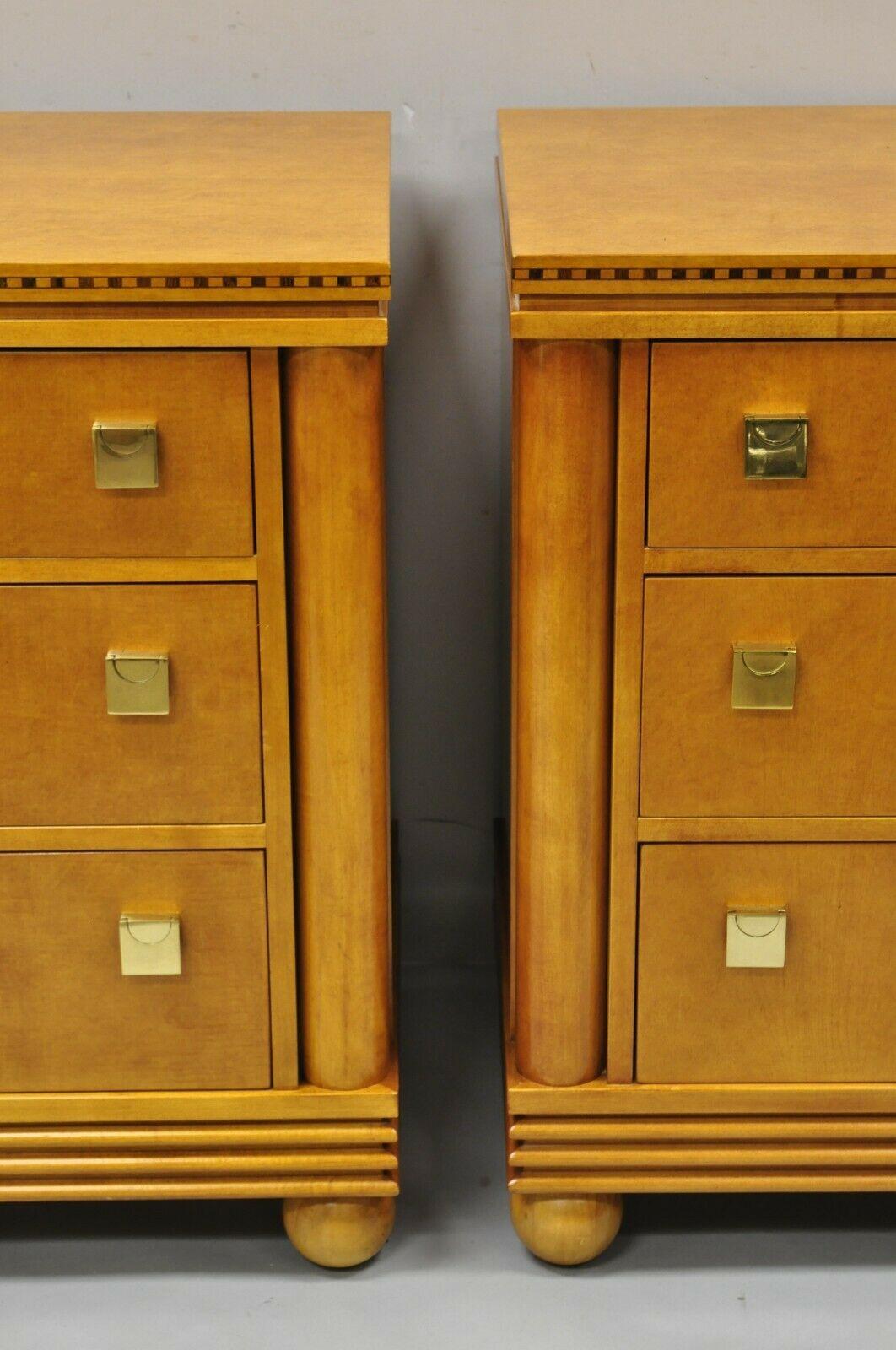 Brass Hickory White Satinwood Maple Regency Style 3 Drawer Nightstand Chest, a Pair For Sale