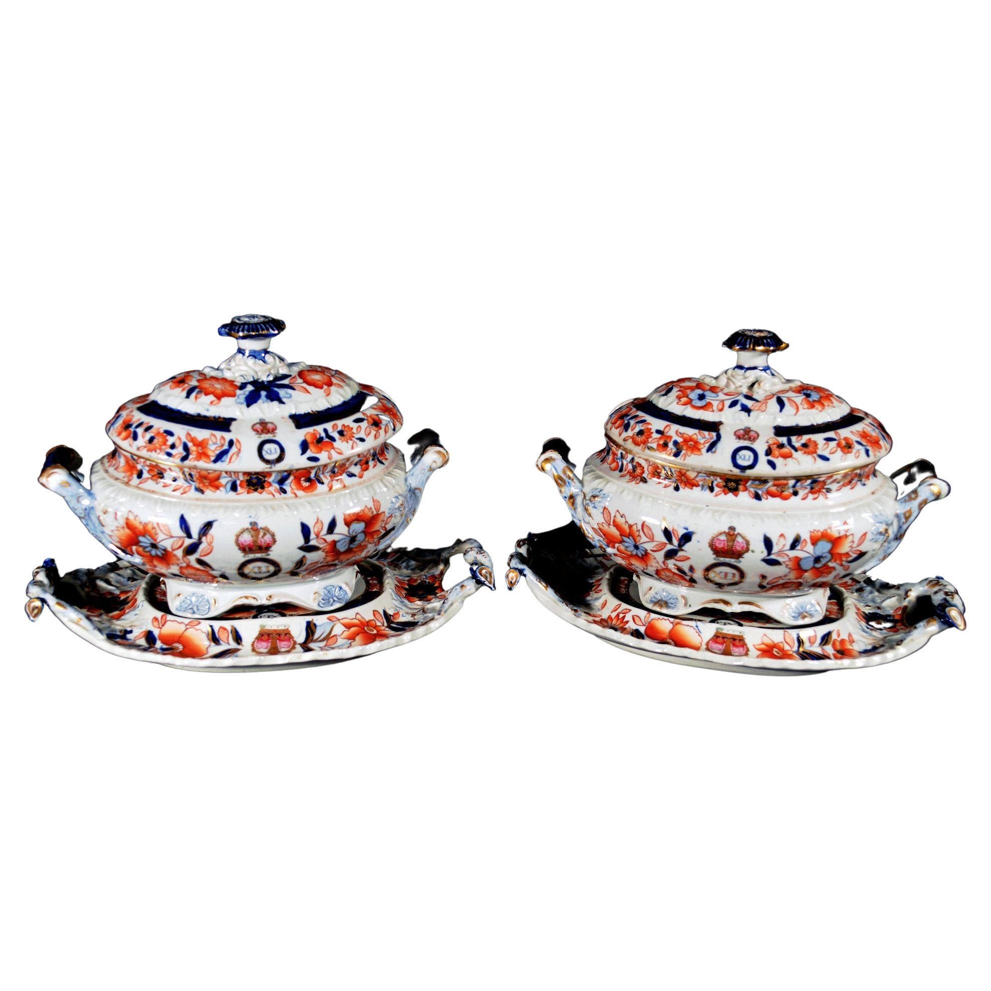 Hicks Meigh Ironstone Armorial Sauce Tureens, Covers and Stands, 41st Regiment