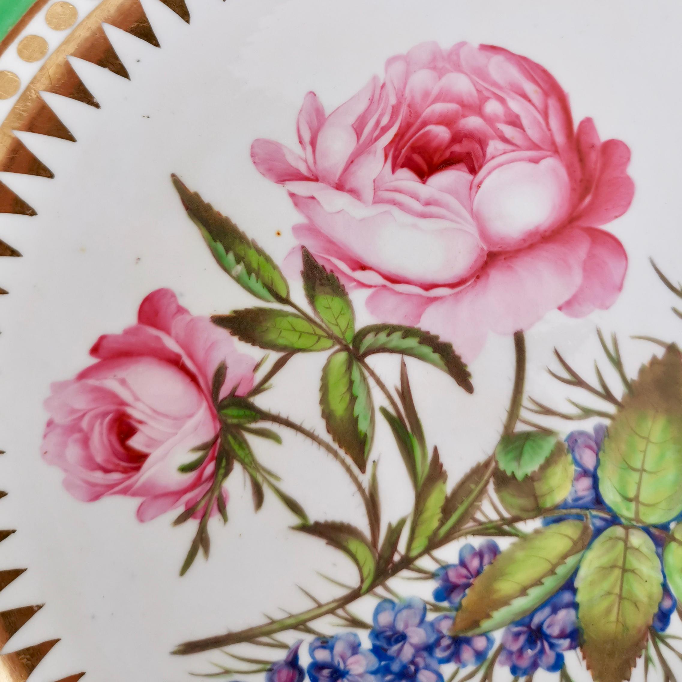 English Hicks & Meigh Porcelain Plate, Green with Hand Painted Rose, Regency circa 1820