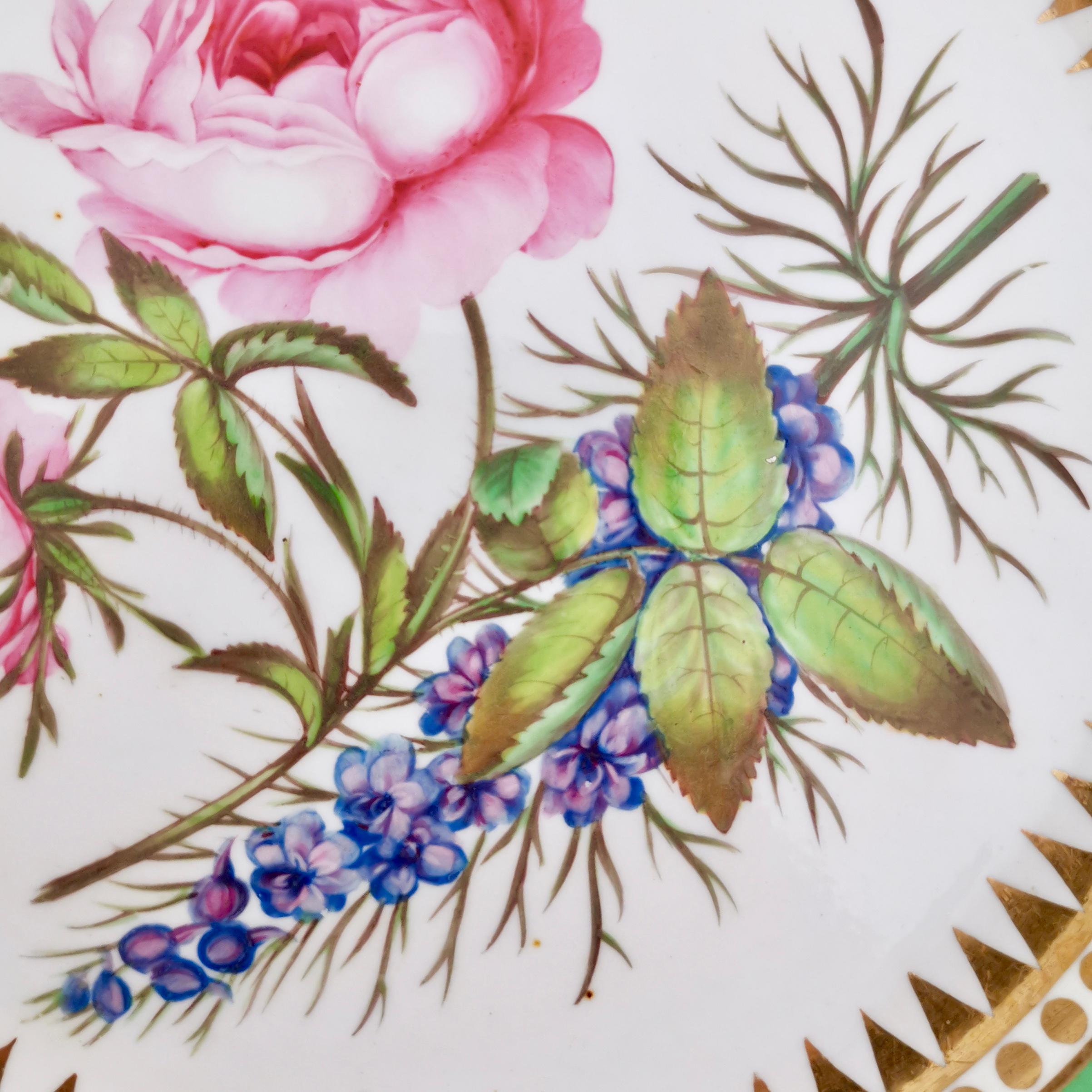 Hand-Painted Hicks & Meigh Porcelain Plate, Green with Hand Painted Rose, Regency circa 1820