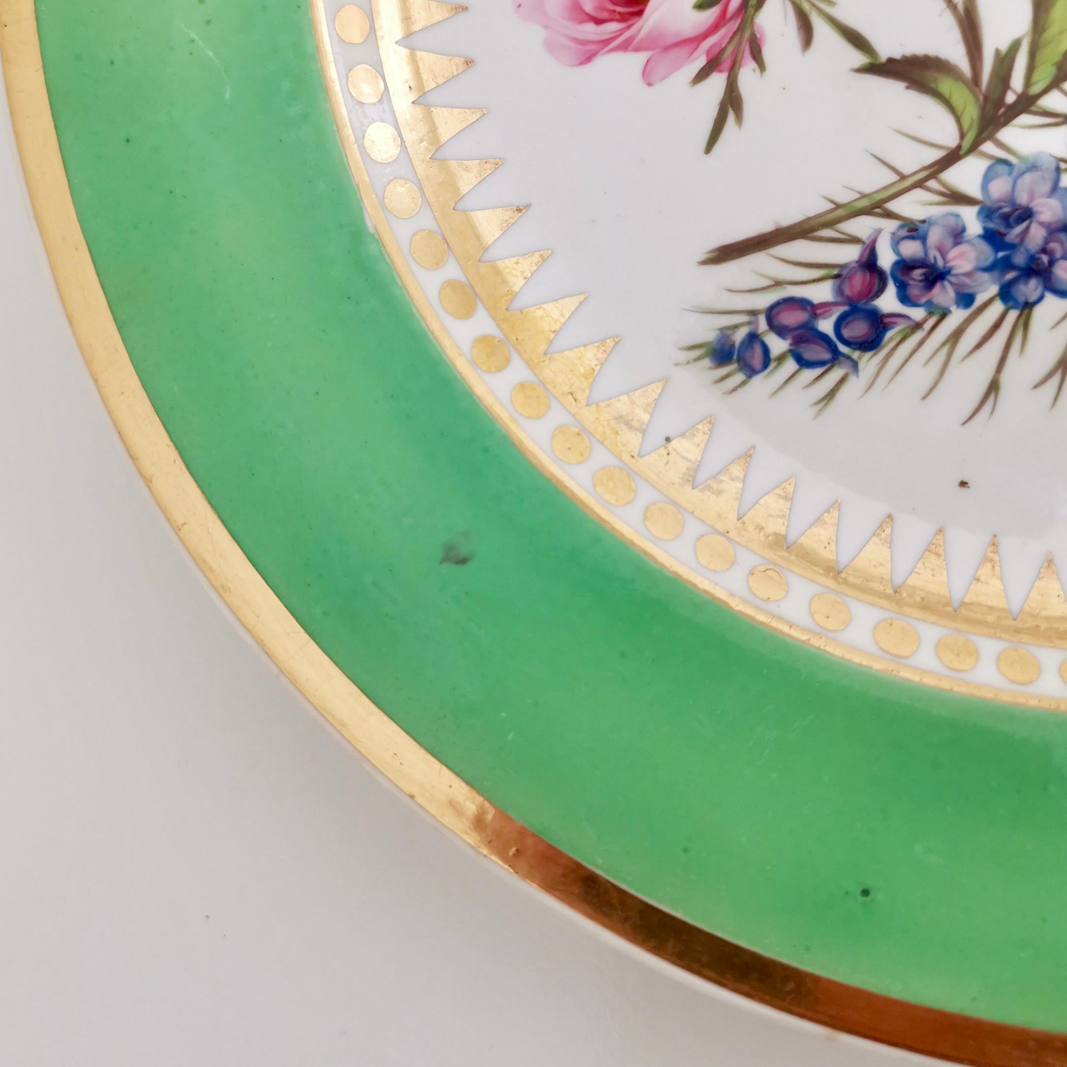 Hicks & Meigh Porcelain Plate, Green with Hand Painted Rose, Regency circa 1820 2