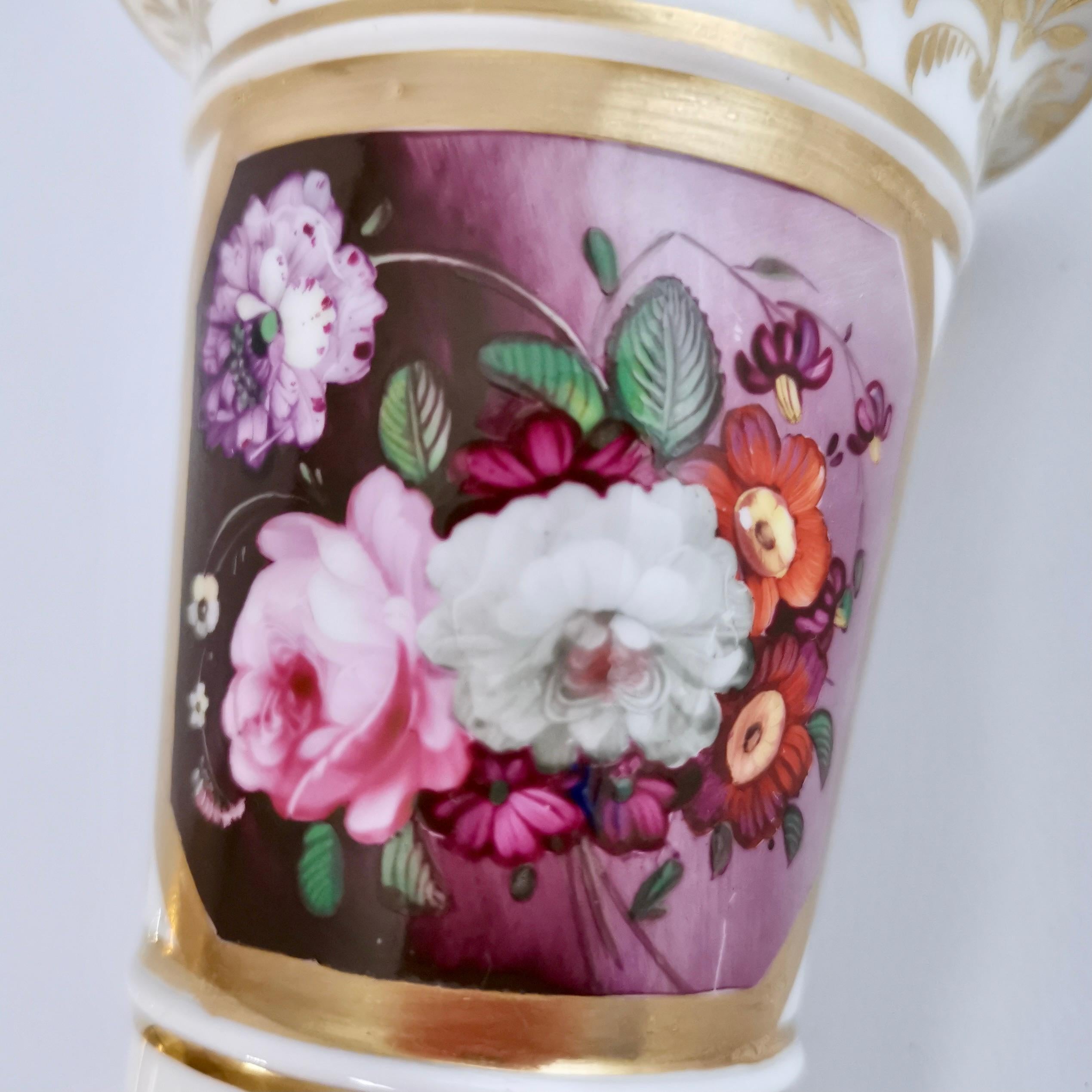 Hand-Painted Hicks & Meigh Porcelain Spill Vase, Flowers in Purple Reserve, Regency ca 1818