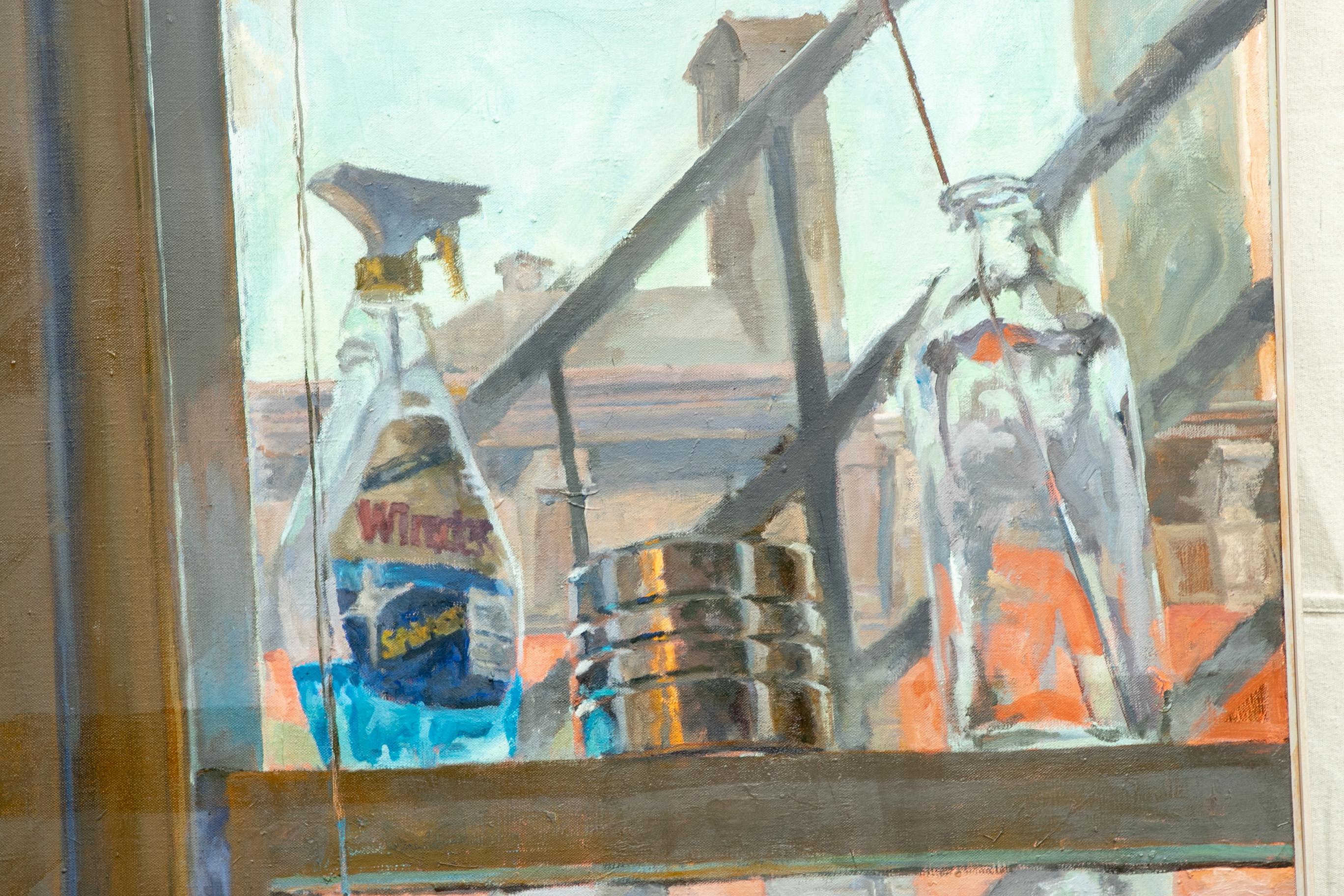 Very large Hicks, signed modern oil on canvas, modern Industrial scene, artist's name on the stretcher. A large scale painting with a window in an Industrial building looking out onto brownstones. The window frame has a bottle of Windex, a tin can