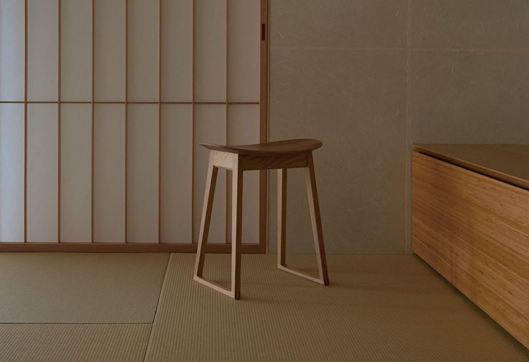 Contemporary HIDA Japan Suwari Series Modernist Stool with Wooden Seat in Japanese Oak For Sale