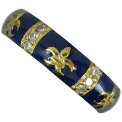 Vintage Hidalgo 18 Carat Gold Diamond and Blue Enamel Fleur de Lis Stack Band Ring