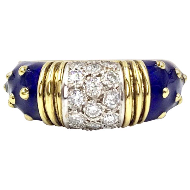 Hidalgo 18 Karat Diamond and Blue Enamel Ring For Sale at 1stDibs