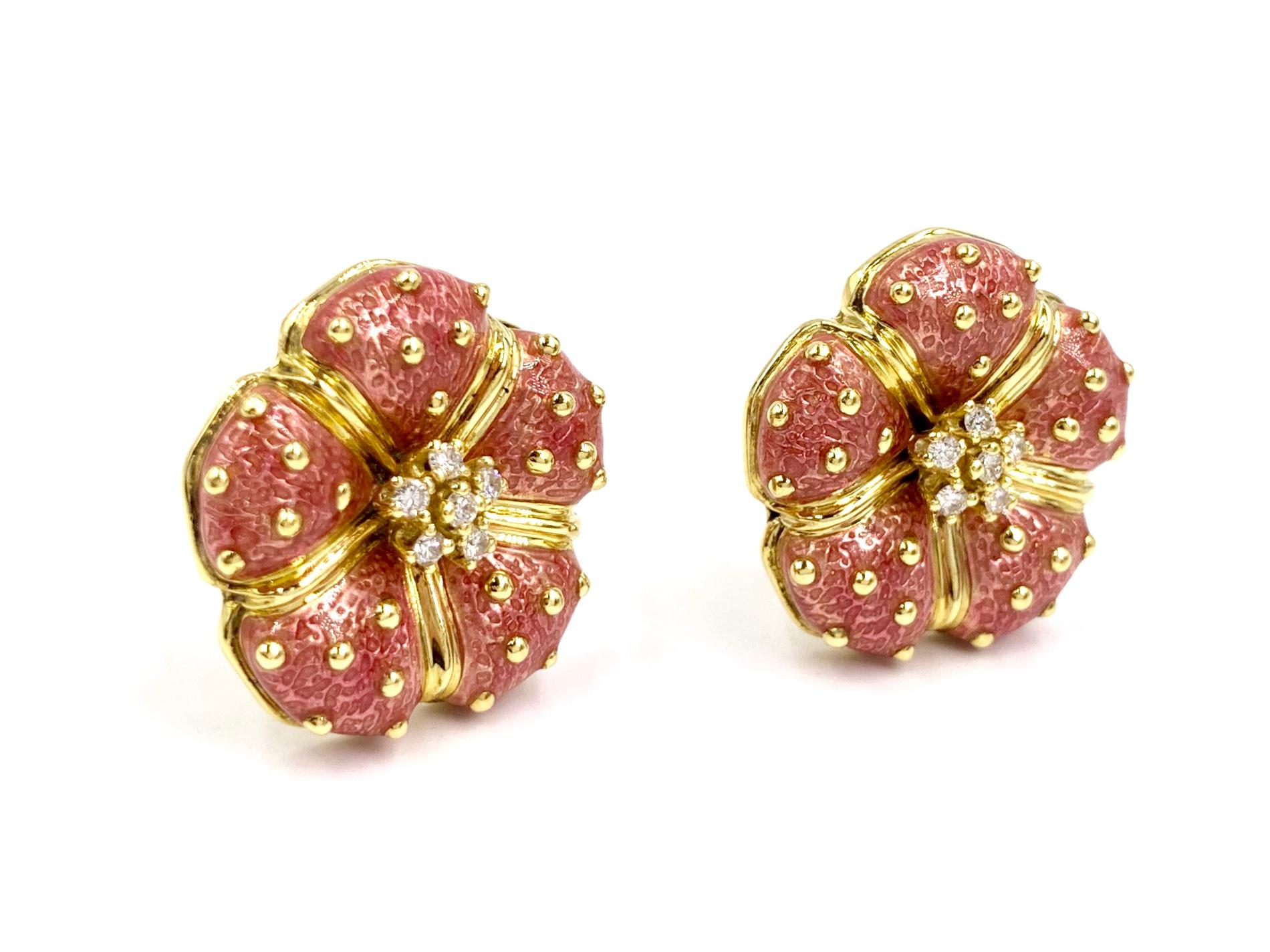 Expertly designed floral earrings by Italian jewelry designer, HIDALGO. These beautiful rose-blush pink enamel flower button earrings feature 6 diamonds in the center of each at .36 carats total weight. Diamond quality is approximately F-G color,