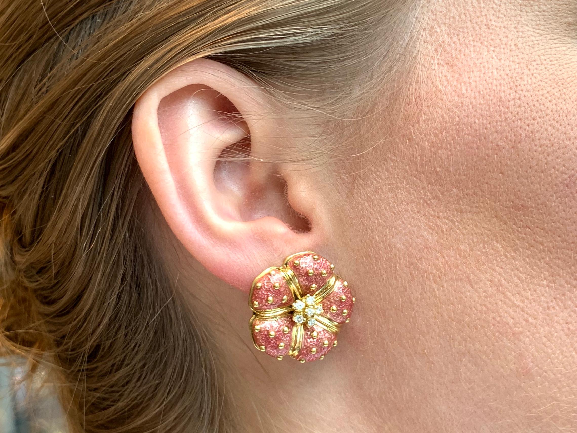 Hidalgo 18 Karat Diamond and Enamel Flower Earrings 1