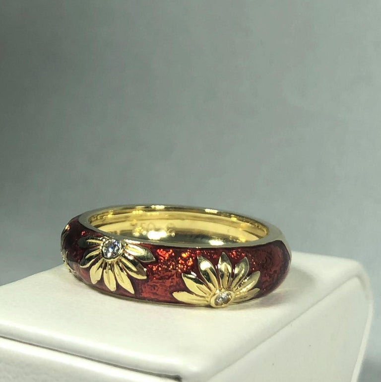 Hidalgo 18 Karat Enamel and Diamond Sunflower Stacking Ring at 1stDibs