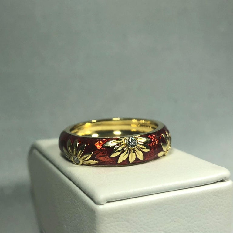 Hidalgo 18 Karat Enamel and Diamond Sunflower Stacking Ring at 1stDibs