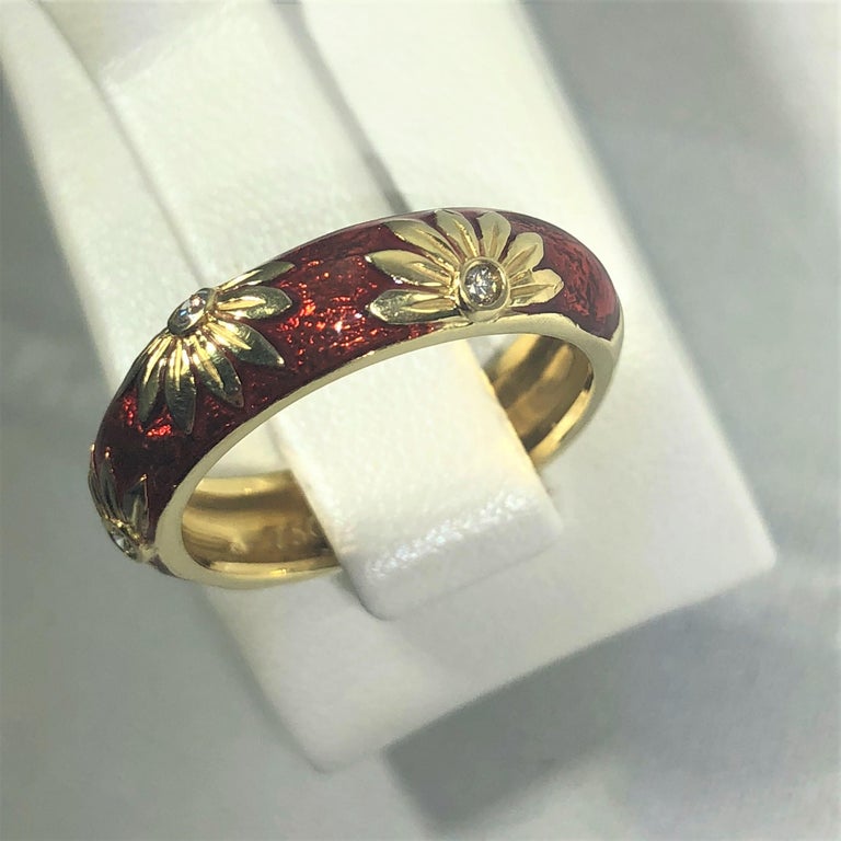 Hidalgo 18 Karat Enamel and Diamond Sunflower Stacking Ring at 1stDibs