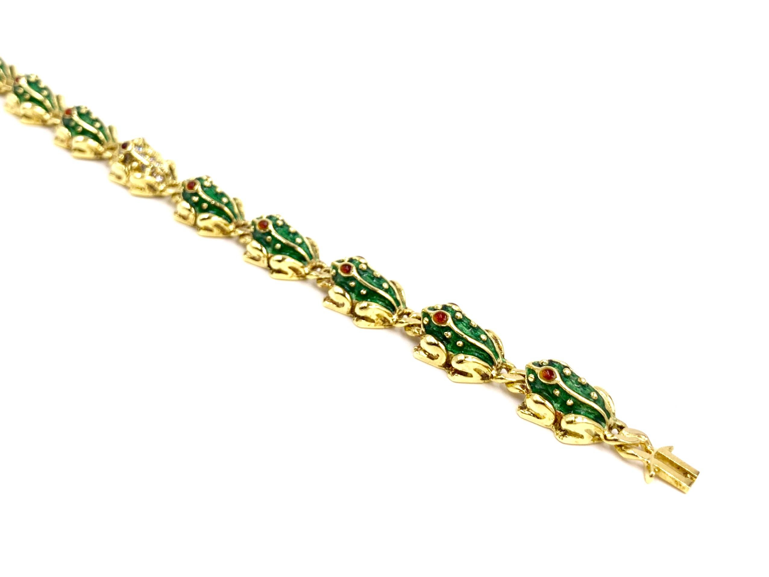 Hidalgo 18 Karat Enamel, Ruby and Diamond Frog Bracelet Damen im Angebot