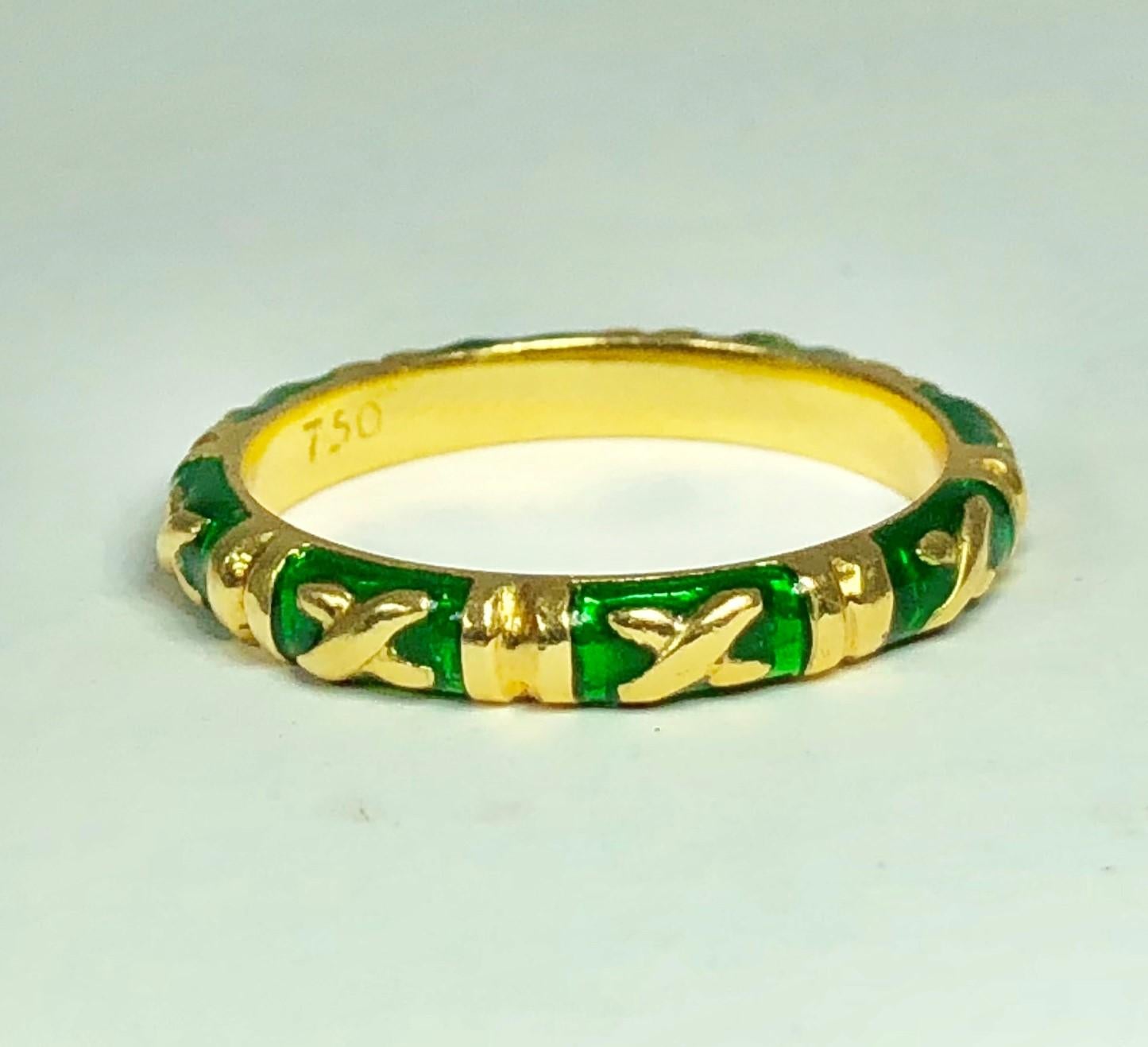 Women's or Men's Hidalgo 18 Karat Gold Green Enamel Stackable/ Fashion Band