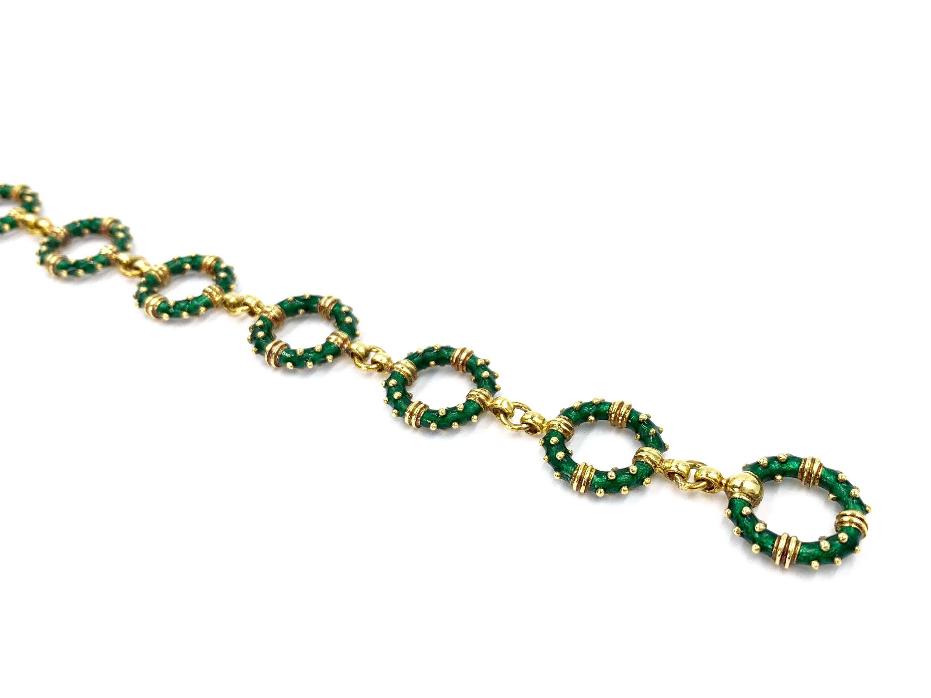 Contemporary Hidalgo 18 Karat Green Enamel Circle Linked Bracelet For Sale