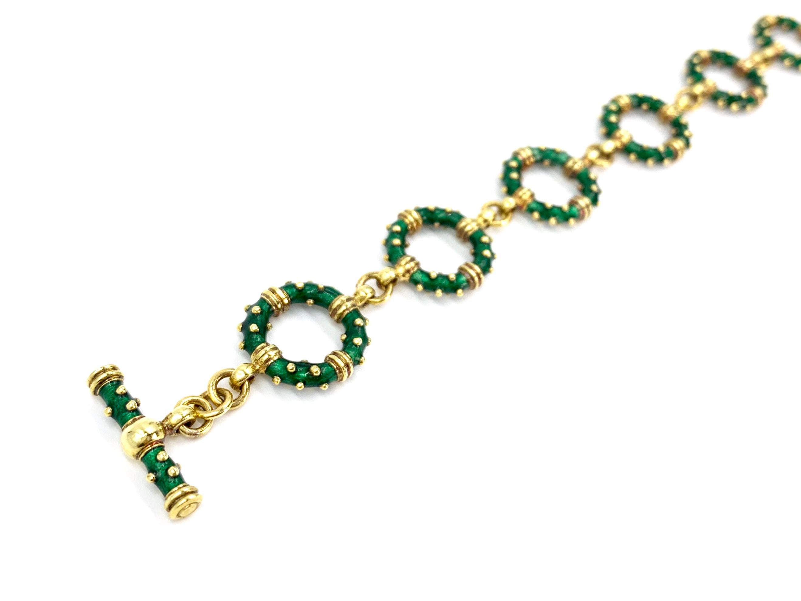 Hidalgo 18 Karat Green Enamel Circle Linked Bracelet In Excellent Condition For Sale In Pikesville, MD