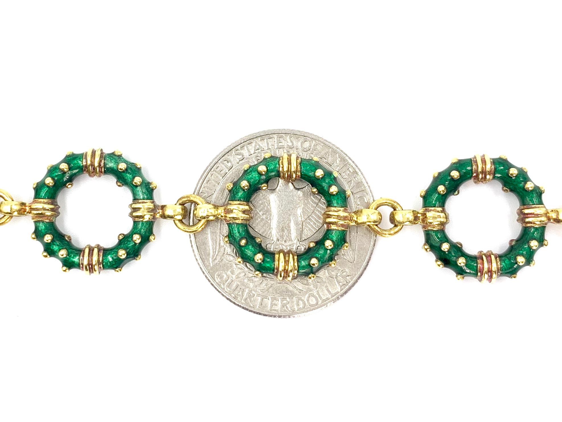Hidalgo 18 Karat Green Enamel Circle Linked Bracelet For Sale 1