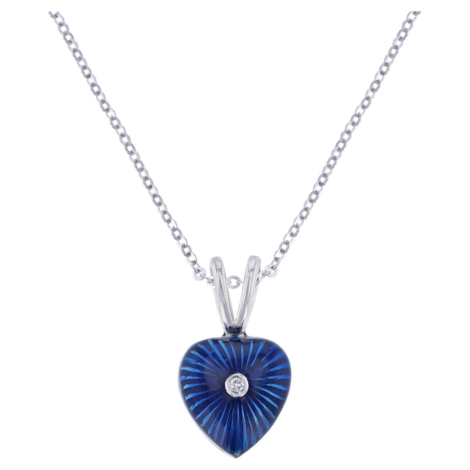 Hidalgo 18 Karat White Gold 0.01 Carat Diamond Blue Enamel Heart Necklace For Sale