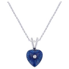 Hidalgo 18 Karat White Gold 0.01 Carat Diamond Blue Enamel Heart Necklace