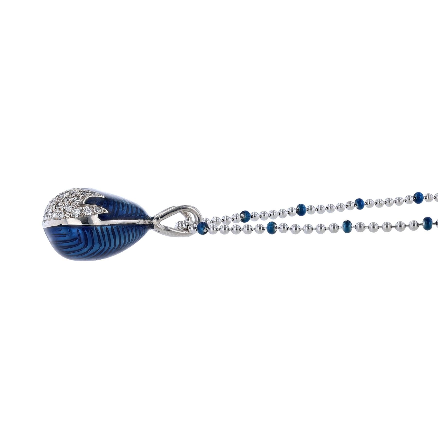 Modern Hidalgo 18 Karat White Gold 0.29 Carat Diamond Blue Enamel Egg Necklace For Sale