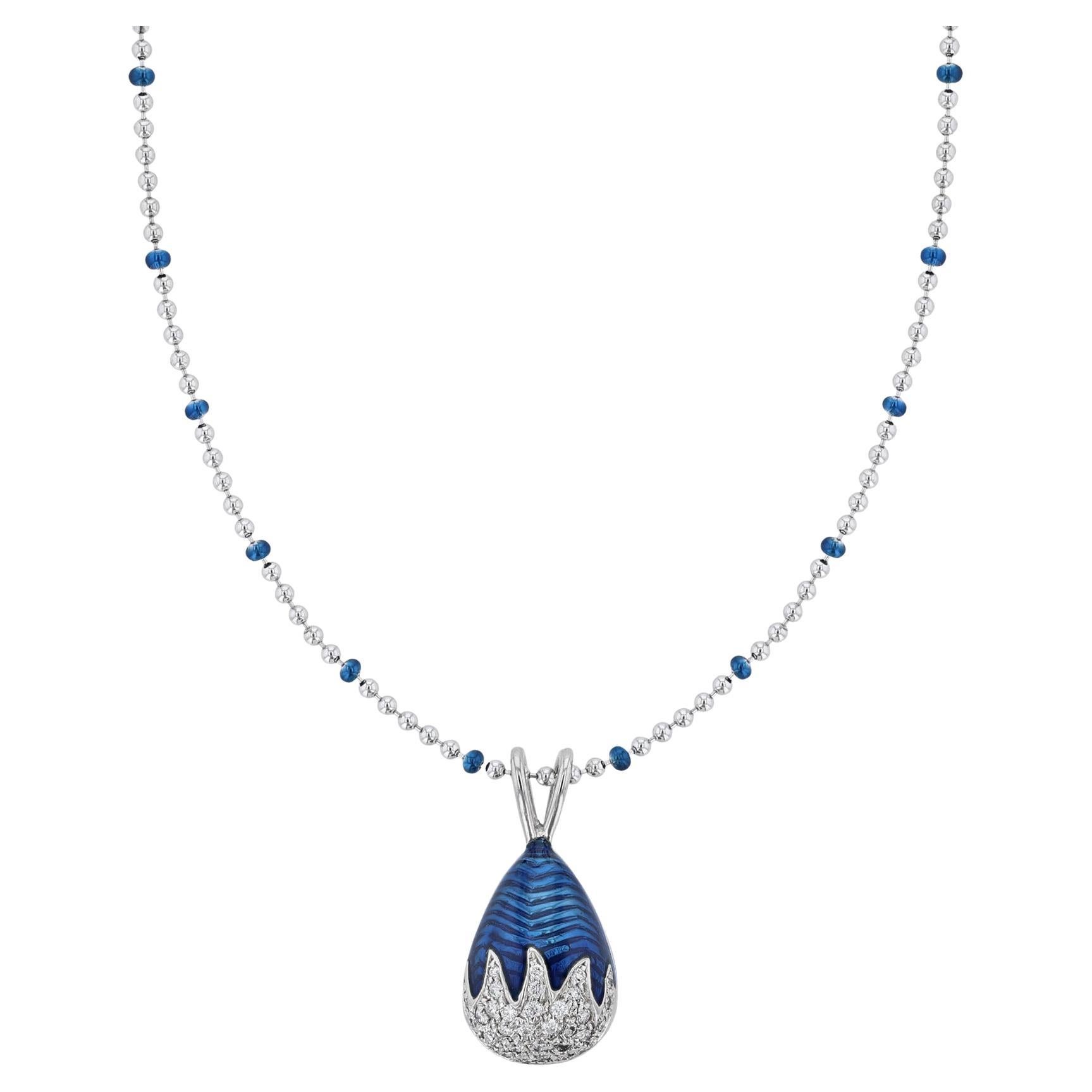 Hidalgo 18 Karat White Gold 0.29 Carat Diamond Blue Enamel Egg Necklace For Sale