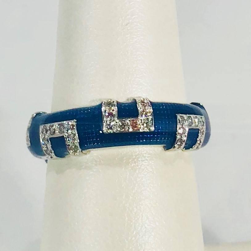 Modern Hidalgo 18 Karat White Gold and Diamond with Bright Blue Enamel Band Ring