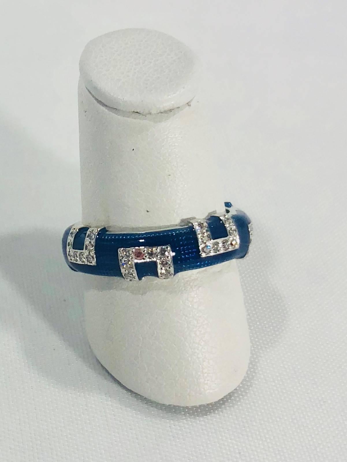 Round Cut Hidalgo 18 Karat White Gold and Diamond with Bright Blue Enamel Band Ring