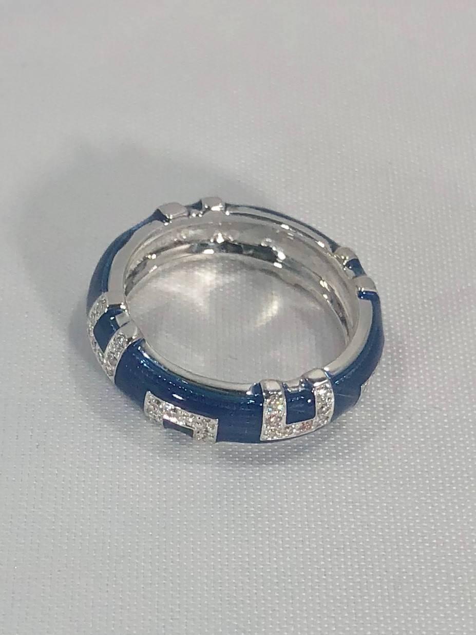 Hidalgo 18 Karat White Gold and Diamond with Bright Blue Enamel Band Ring In New Condition In Mansfield, OH